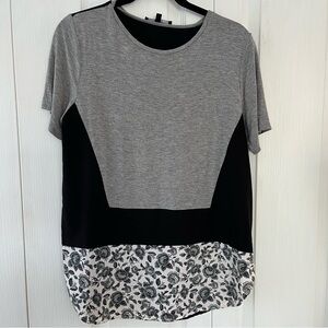 THAKOON Shirt Sleeved Top Black & Grey With Floral Panel Multi Media. Size M